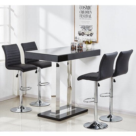 Cortina Black High Gloss Bar Table With 4 Rifle Black Stools