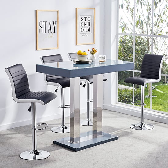 Cortina Grey High Gloss Bar Table 4 Riga Black White Stools