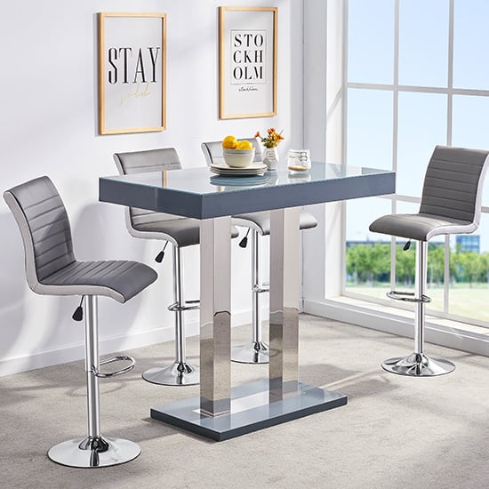 Cortina Grey High Gloss Bar Table 4 Riga Grey White Stools