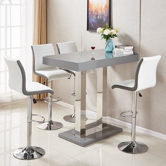 Cortina Grey High Gloss Bar Table 4 Riga White Grey Stools