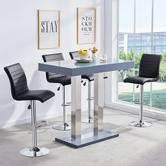 Cortina Grey High Gloss Bar Table With 4 Rifle Black Stools