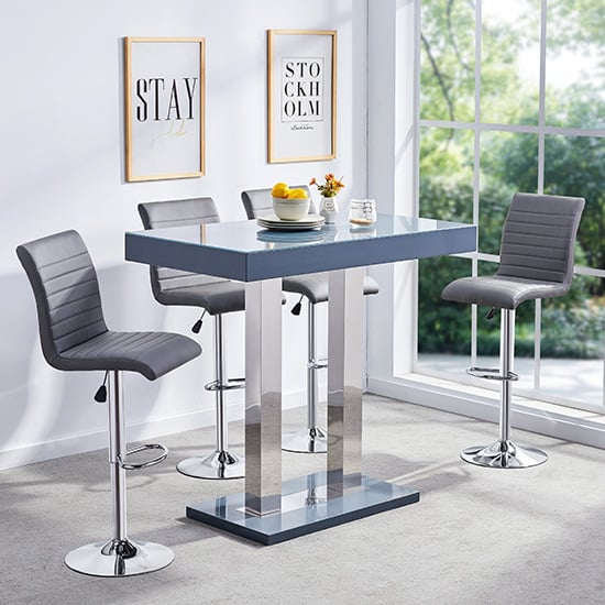 Cortina Grey High Gloss Bar Table With 4 Rifle Grey Stools