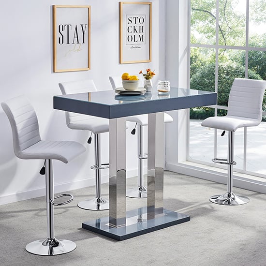 Cortina Grey High Gloss Bar Table With 4 Rifle White Stools