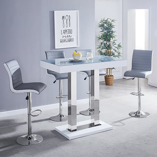 Cortina Grey White Gloss Bar Table 4 Riga Grey White Stools