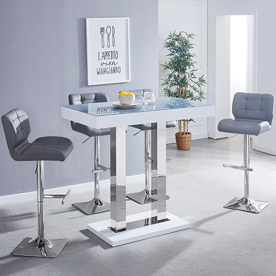 Cortina Grey White Gloss Bar Table With 4 Canyon Grey Stools