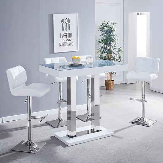 Cortina Grey White Gloss Bar Table With 4 Canyon White Stools