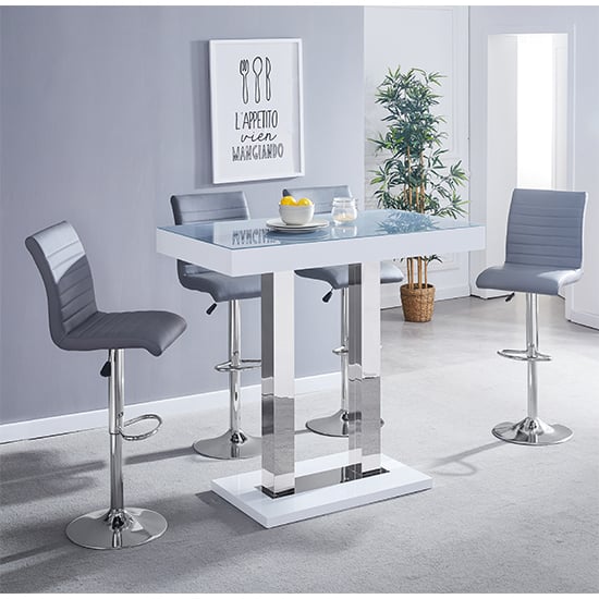 Cortina Grey White Gloss Bar Table With 4 Rifle Grey Stools