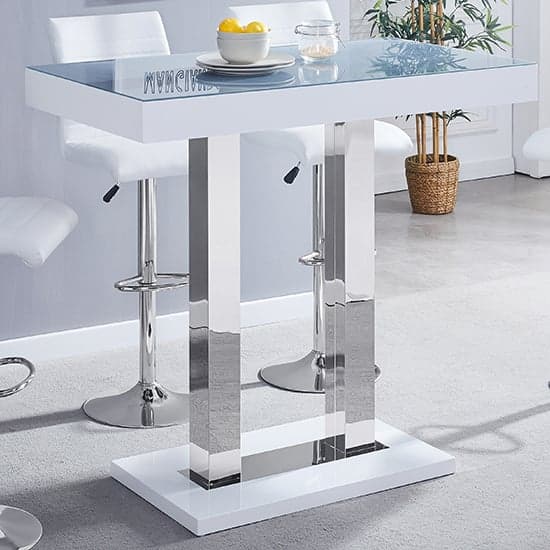 Cortina Grey White Gloss Bar Table With 4 Rifle White Stools