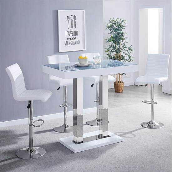 Cortina Grey White Gloss Bar Table With 4 Rifle White Stools