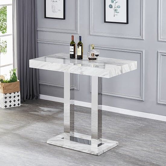 Cortina High Gloss Bar Table In Magnesia Marble Effect