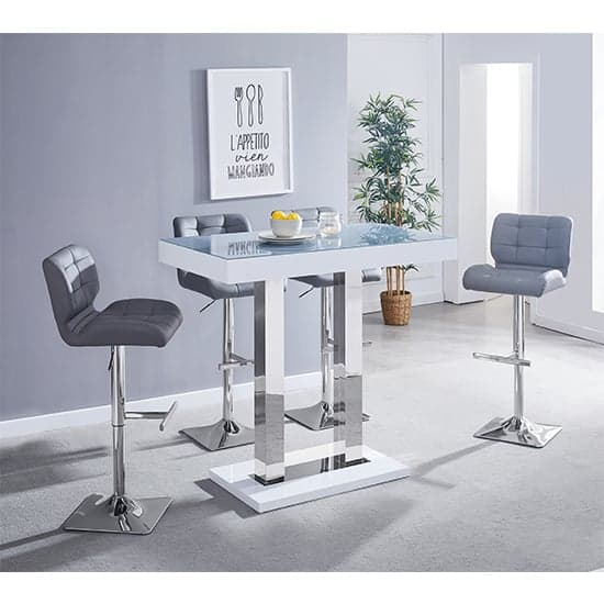 Cortina High Gloss Bar Table In White With Grey Glass Top