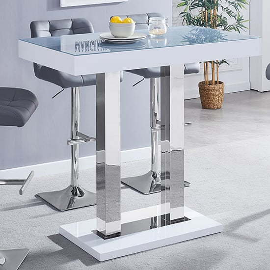 Cortina High Gloss Bar Table In White With Grey Glass Top
