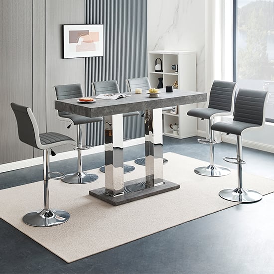 Cortina Large Concrete Effect Bar Table 6 Riga Grey White Stools