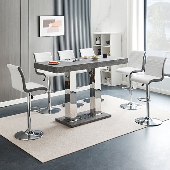 Cortina Large Concrete Effect Bar Table 6 Riga White Grey Stools