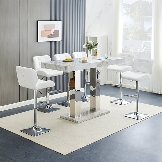 Cortina Large Magnesia Bar Table With 6 Canyon White Stools