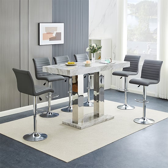 Cortina Large Magnesia Bar Table With 6 Rifle Grey Stools