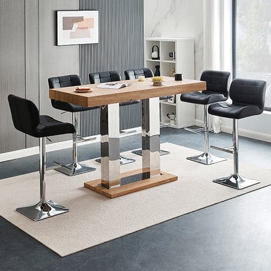 Cortina Large Oak Effect Bar Table With 6 Canyon Black Stools