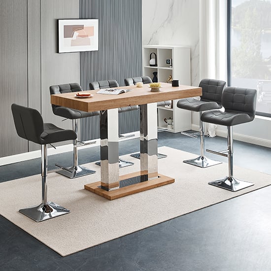 Cortina Large Oak Effect Bar Table With 6 Canyon Grey Stools