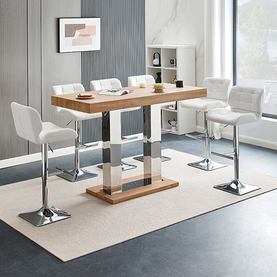 Cortina Large Oak Effect Bar Table With 6 Canyon White Stools