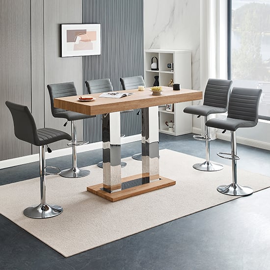 Cortina Large Oak Effect Bar Table With 6 Rifle Grey Stools