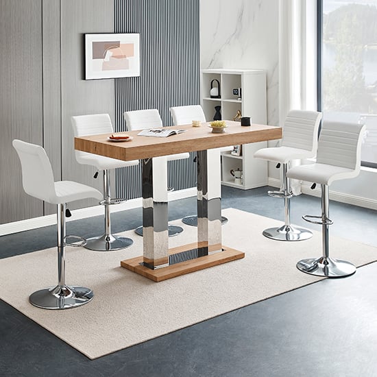 Cortina Large Oak Effect Bar Table With 6 Rifle White Stools