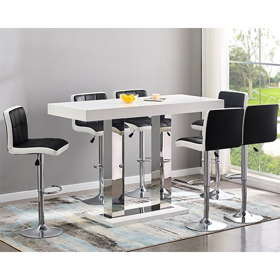 Cortina Large White Gloss Bar Table 6 Cortez Black White Stools