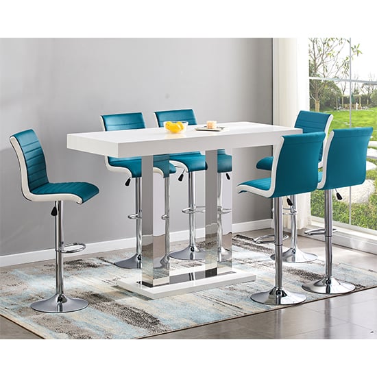 Cortina Large White Gloss Bar Table 6 Riga Teal White Stools