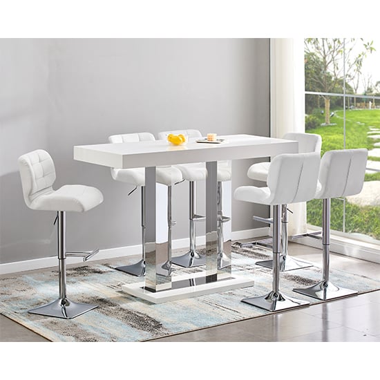 Cortina Large White Gloss Bar Table With 6 Canyon White Stools