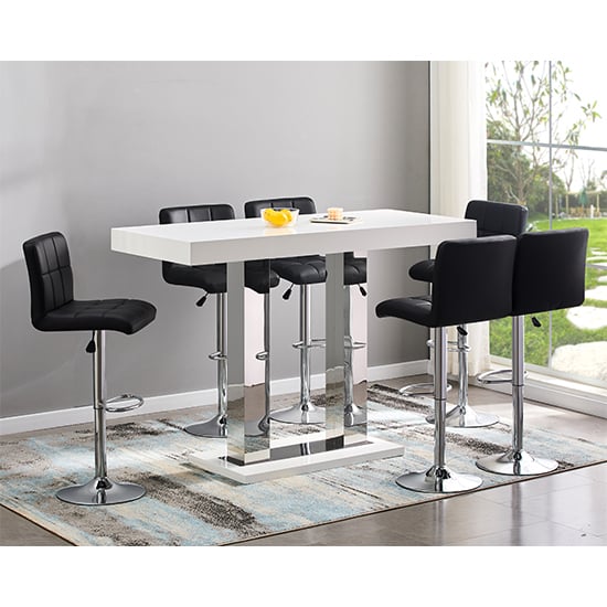 Cortina Large White Gloss Bar Table With 6 Concord Black Stools