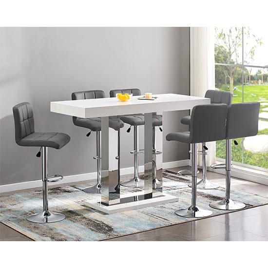 Cortina Large White Gloss Bar Table With 6 Concord Grey Stools