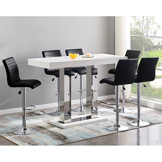 Cortina Large White Gloss Bar Table With 6 Rifle Black Stools