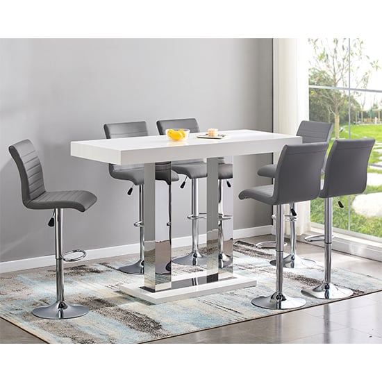 Cortina Large White Gloss Bar Table With 6 Rifle Grey Stools