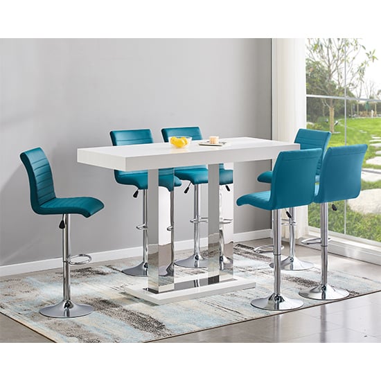 Cortina Large White Gloss Bar Table With 6 Rifle Teal Stools