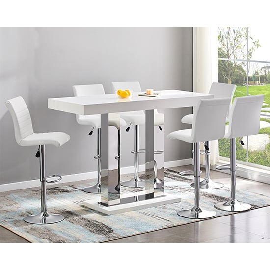 Cortina Large White Gloss Bar Table With 6 Rifle White Stools