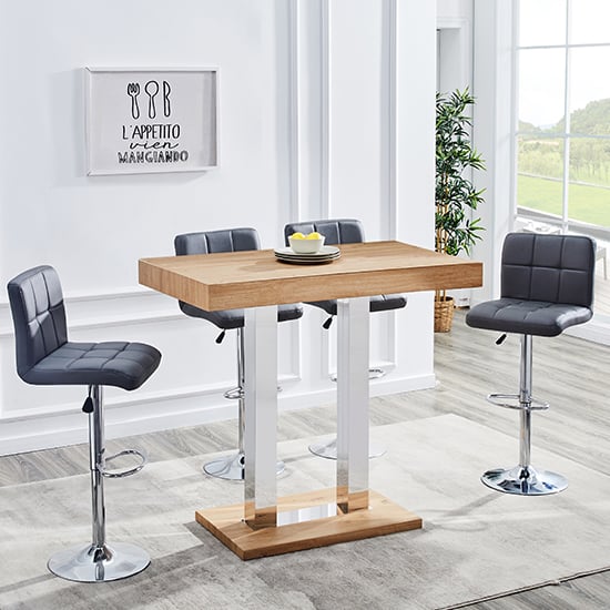 Cortina Oak Chrome Bar Table With 4 Concord Grey Stools