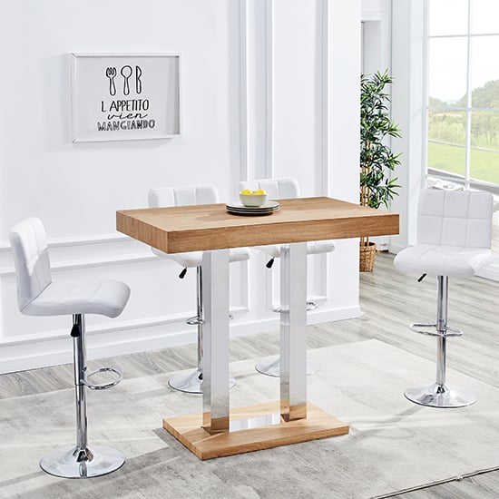 Cortina Oak Chrome Bar Table With 4 Concord White Stools