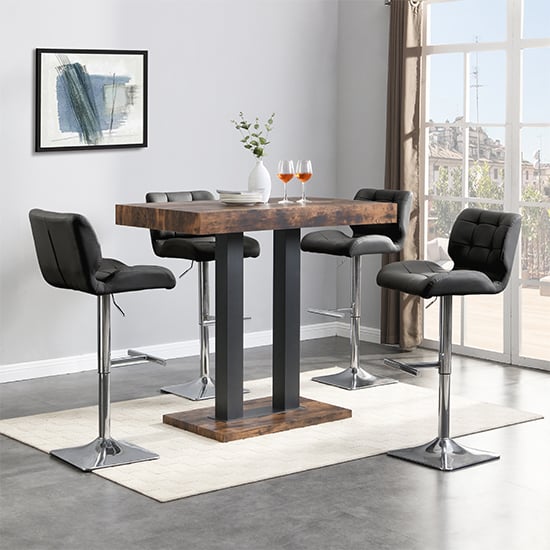 Cortina Rustic Oak Wooden Bar Table Small 4 Canyon Black Stools
