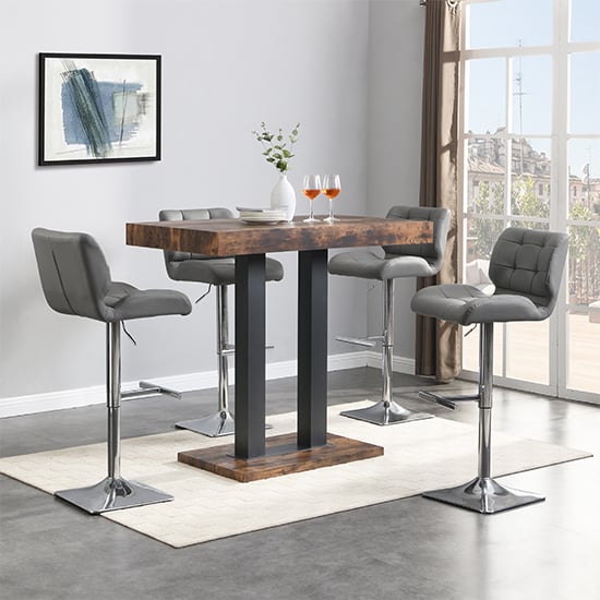 Cortina Rustic Oak Wooden Bar Table Small 4 Canyon Grey Stools