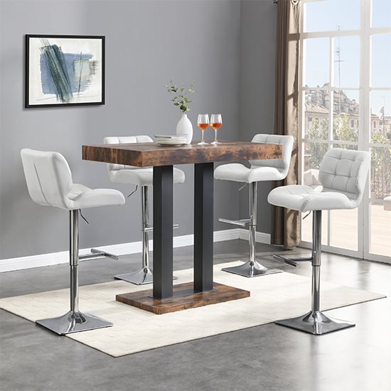 Cortina Rustic Oak Wooden Bar Table Small 4 Canyon White Stools