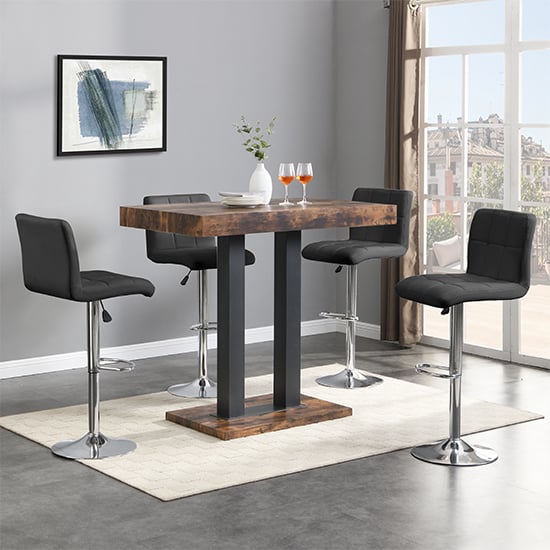 Cortina Rustic Oak Wooden Bar Table Small 4 Concord Black Stools
