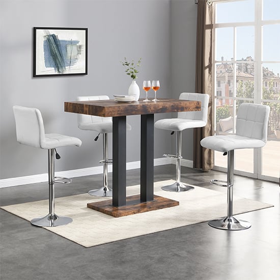 Cortina Rustic Oak Wooden Bar Table Small 4 Concord White Stools
