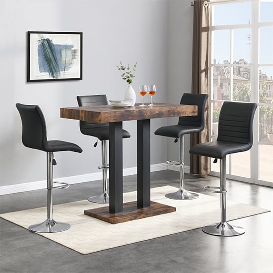Cortina Rustic Oak Wooden Bar Table Small 4 Rifle Black Stools