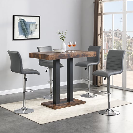 Cortina Rustic Oak Wooden Bar Table Small 4 Rifle Grey Stools