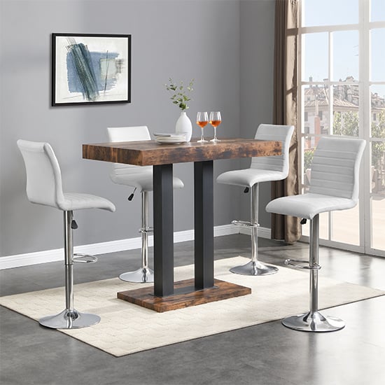 Cortina Rustic Oak Wooden Bar Table Small 4 Rifle White Stools