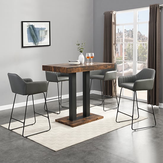 Cortina Rustic Oak Wooden Bar Table With 4 Bronx Grey Stools