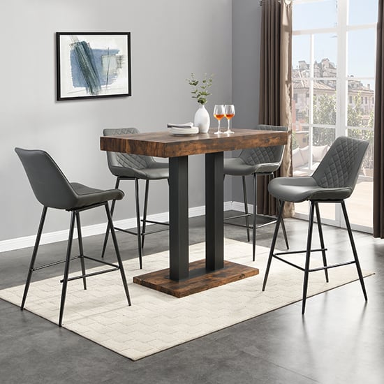 Cortina Rustic Oak Wooden Bar Table With 4 Ostend Grey Stools