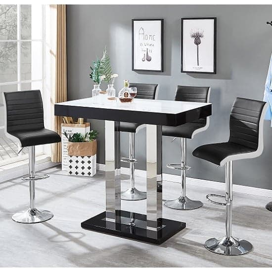 Cortina White Black Gloss Bar Table 4 Riga Black White Stools