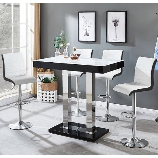 Cortina White Black Gloss Bar Table 4 Riga White Black Stools