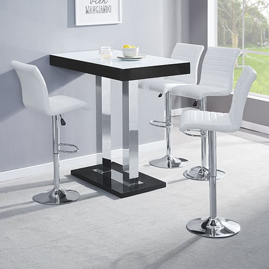 Cortina White Black Gloss Bar Table With 4 Rifle White Stools