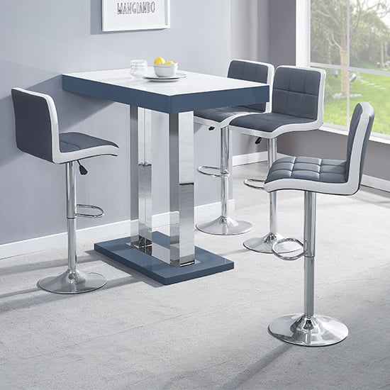 Cortina White Grey Gloss Bar Table 4 Cortez Grey White Stools